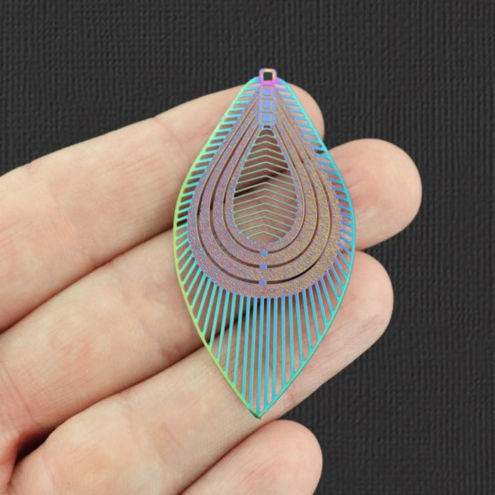 2 Filigree Leaf Rainbow Electroplated Stainless Steel Charms - SSP193