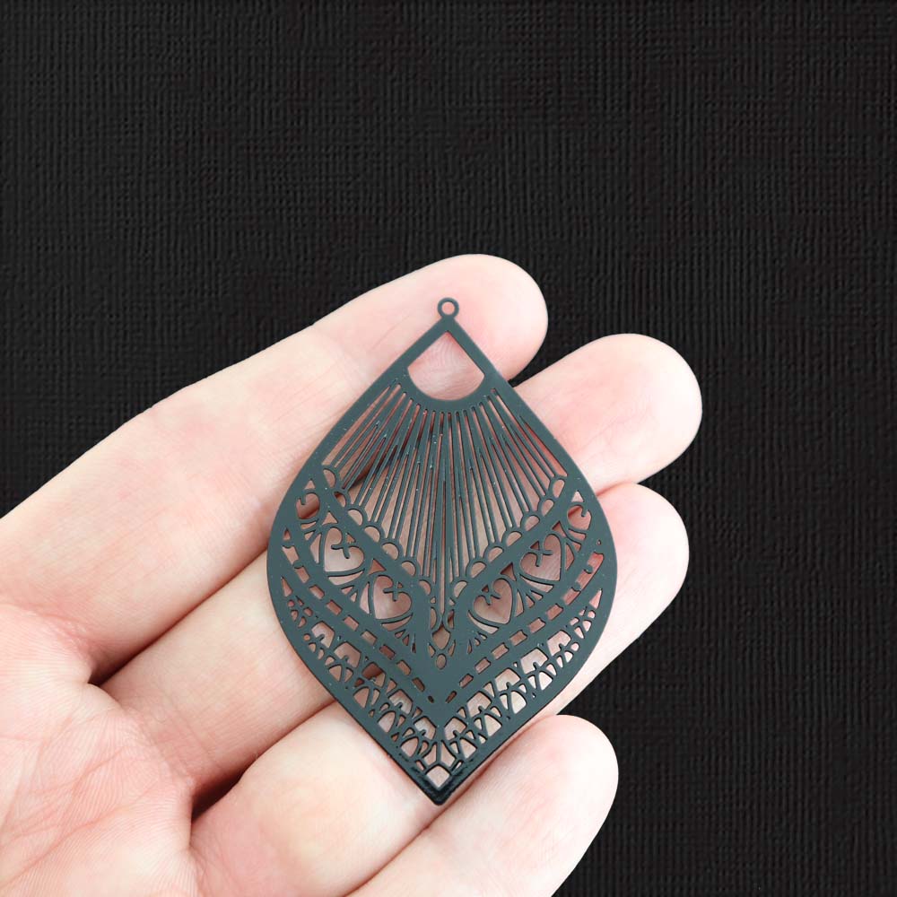 2 Filigree Teardrop Black Enamel Charms - E1419