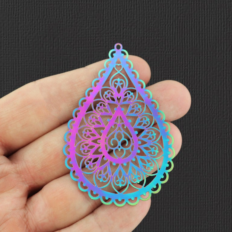 2 breloques en acier inoxydable plaqué arc-en-ciel en forme de larme en filigrane 2 faces - SSP162