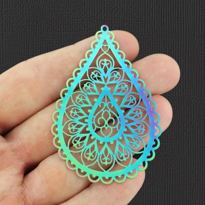 2 breloques en acier inoxydable plaqué arc-en-ciel en forme de larme en filigrane 2 faces - SSP162