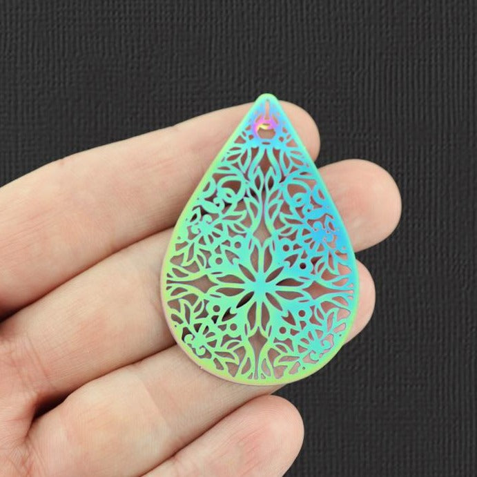 2 breloques en acier inoxydable plaqué arc-en-ciel en forme de larme en filigrane 2 faces - SSP211