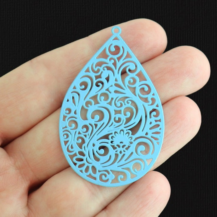 2 Filigree Teardrop Sky Blue Enamel Charms 2 Sided - E1293