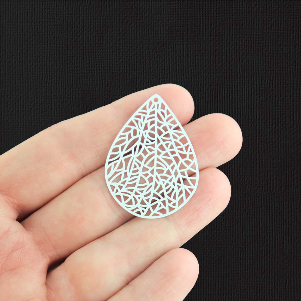 2 Filigree Teardrop White Enamel Copper Charms 2 Sided - E907