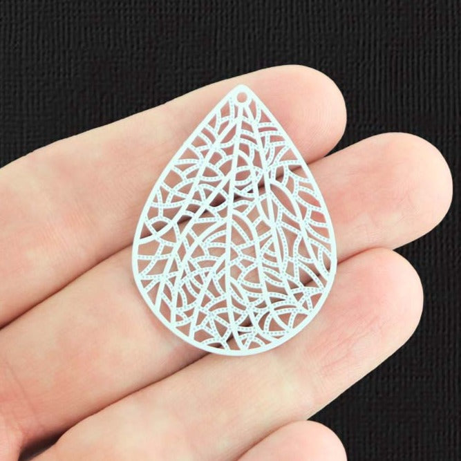 2 Filigree Teardrop White Enamel Copper Charms 2 Sided - E907