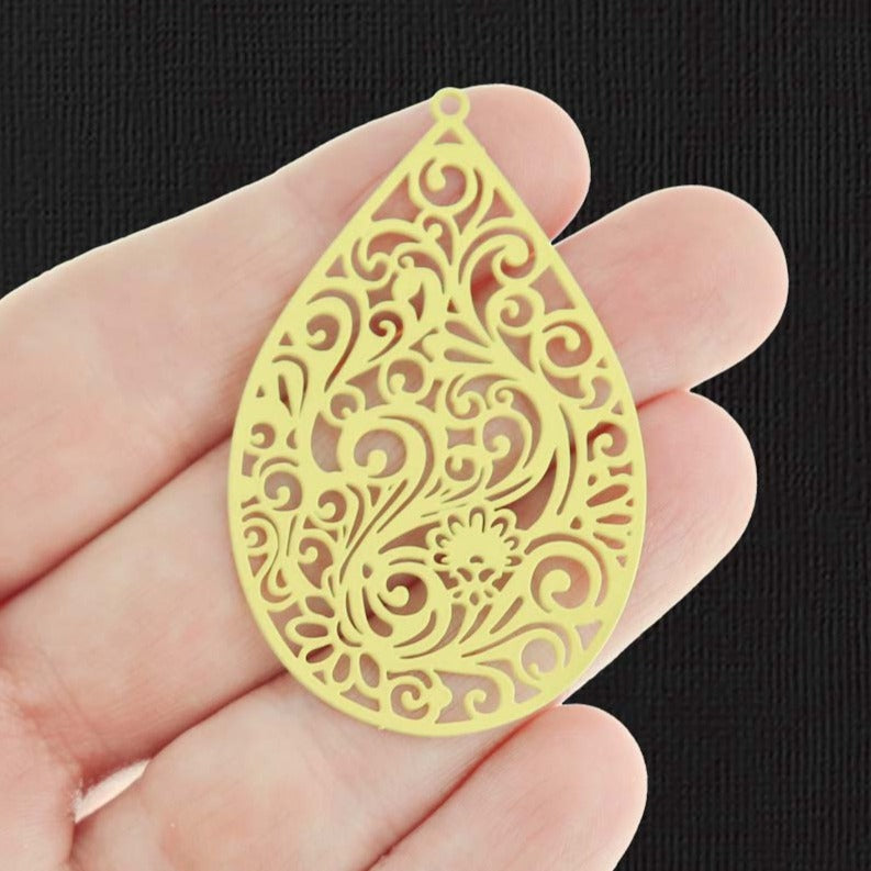 2 Filigree Teardrop Yellow Enamel Charms 2 Sided - E1297