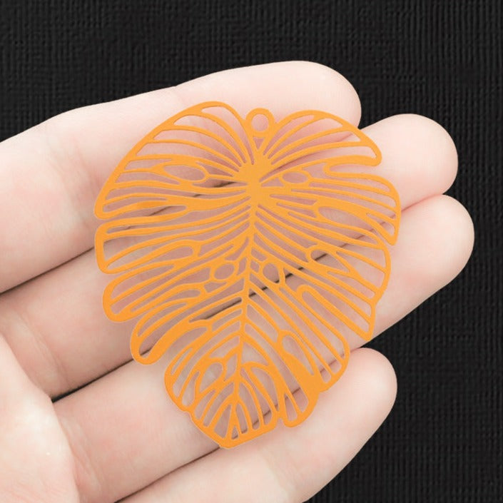 2 Filigree Tropical Leaf Orange Enamel Charms 2 Sided - E1307