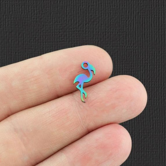 2 breloques en acier inoxydable plaqué arc-en-ciel Flamingo 2 faces - SSP143