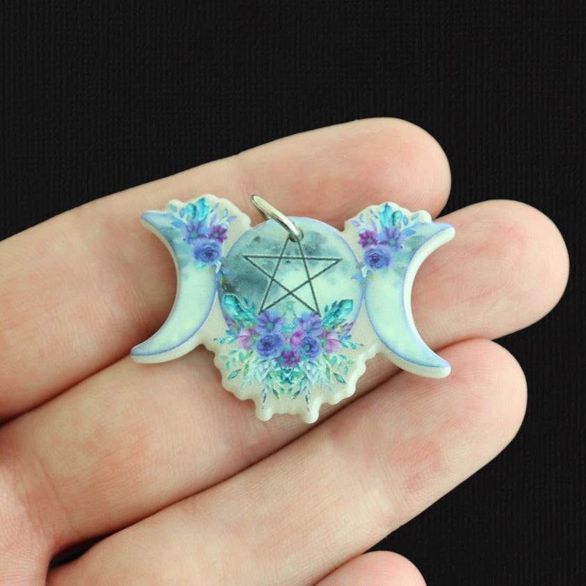 2 Floral Moon Phases Pentagram Acrylic Charms 2 Sided - K680