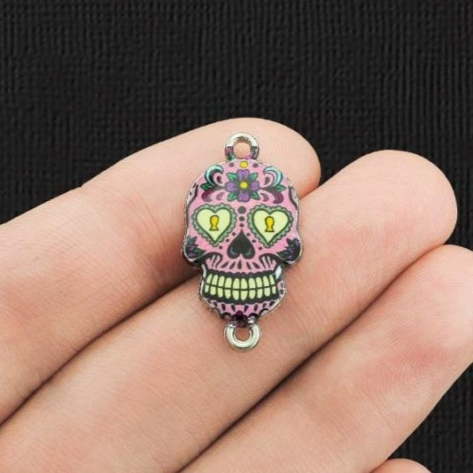2 Floral Skull Connector Silver Tone Enamel Charms - E1128