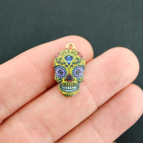 2 Floral Skull Gold Tone Enamel Charms - E659