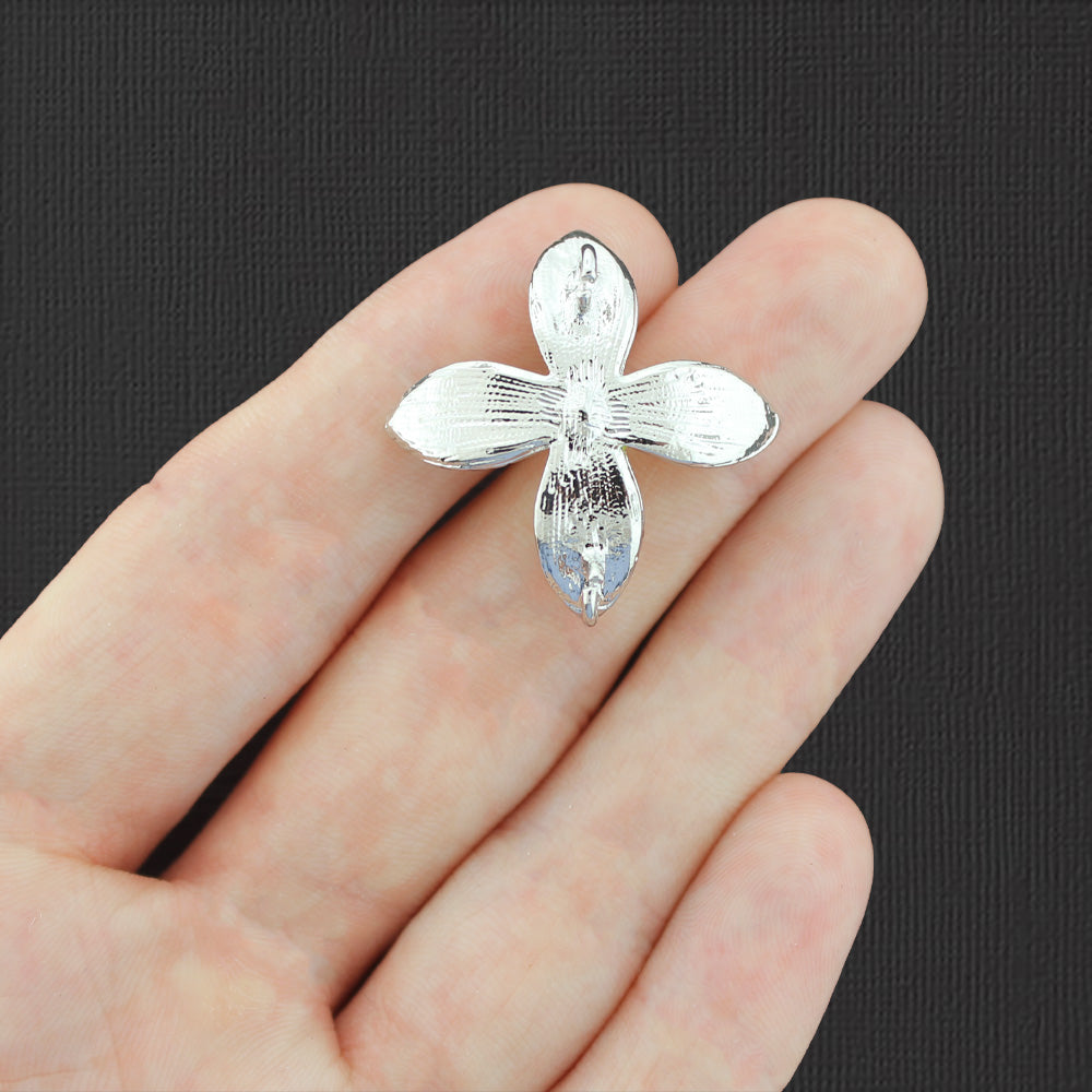 2 Flower Connector Silver Tone Enamel Charms - E817