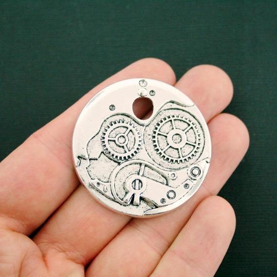 2 Gear Clock Antique Silver Tone Charms - SC7234