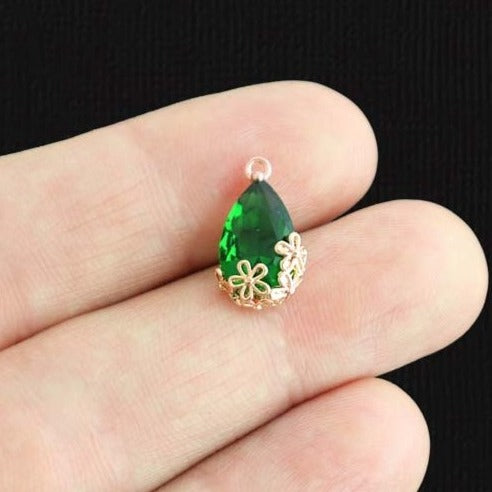 2 Green Glass Pendant Gold Tone Charms - Z324