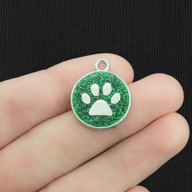 2 Green Paw Print Silver Tone Enamel Charms - E1229