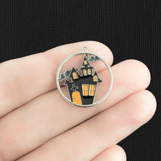 2 Haunted House Silver Tone Enamel Charms - E1331