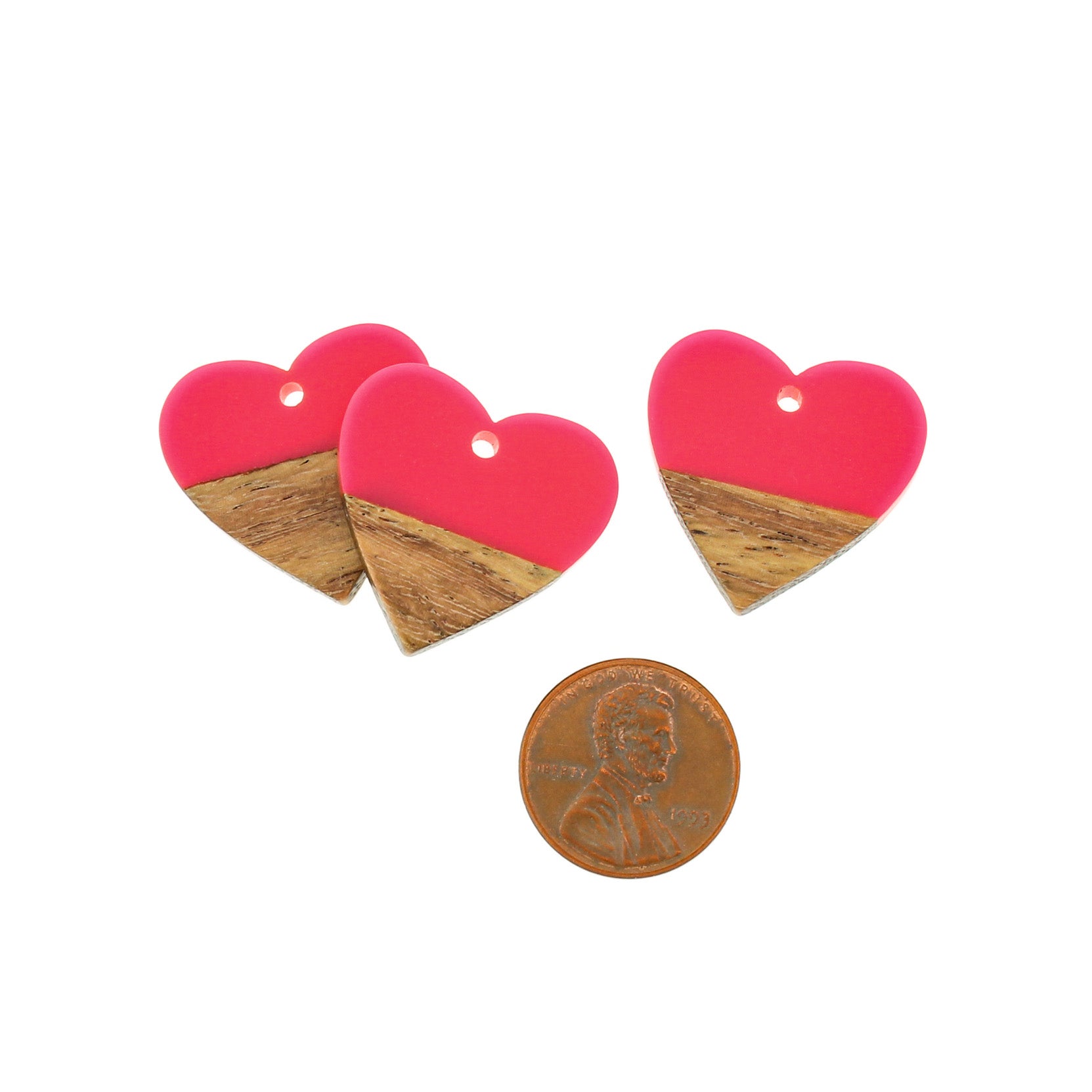 2 Breloques Coeur Bois Naturel et Résine Rose 25mm - WP006