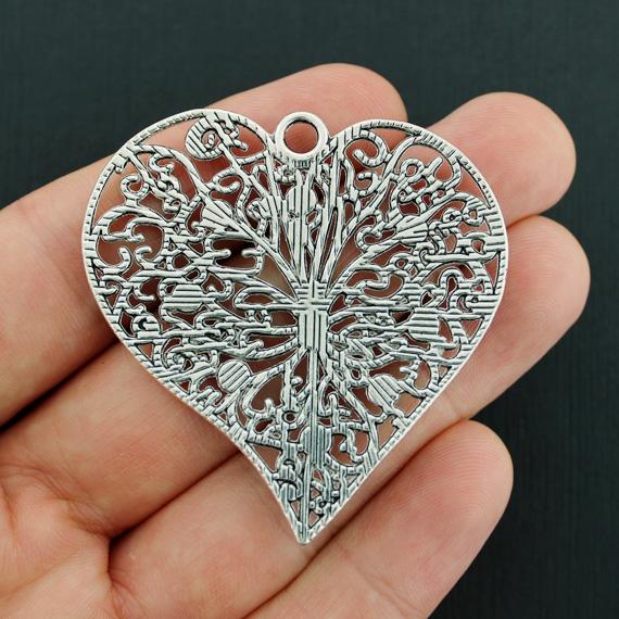 2 Heart Pendant Antique Silver Tone Charms - SC7703