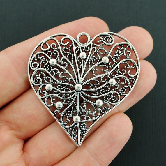 2 Heart Pendant Antique Silver Tone Charms - SC7703