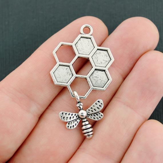 2 Honeycomb Antique Silver Tone Charms - SC2989