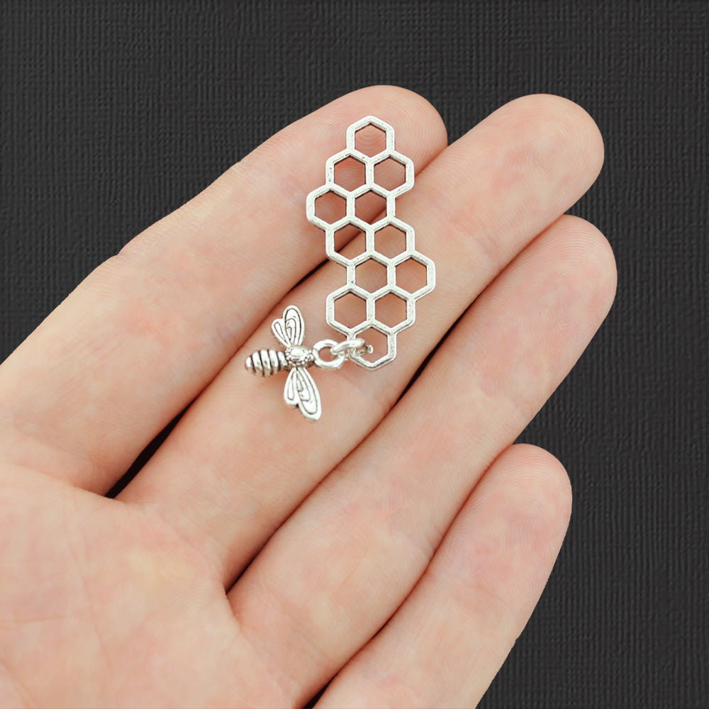 2 Honeycomb Bee Antique Silver Tone Charms - SC5972