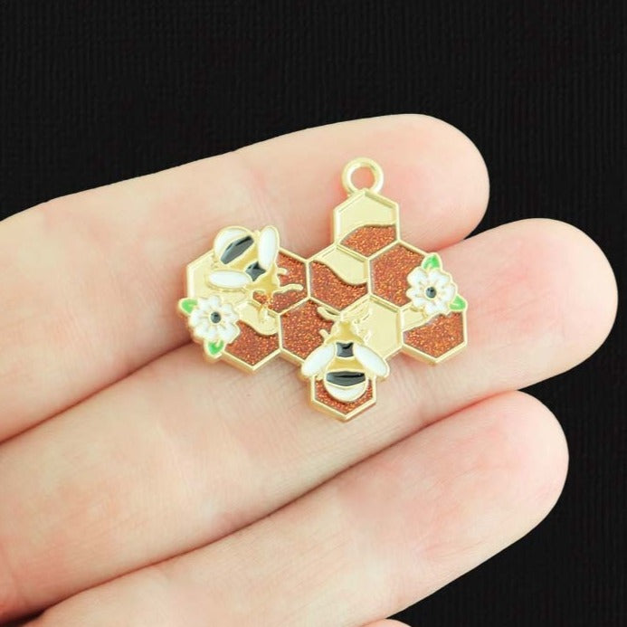 2 Honeycomb Bee Gold Tone Enamel Charms - E059