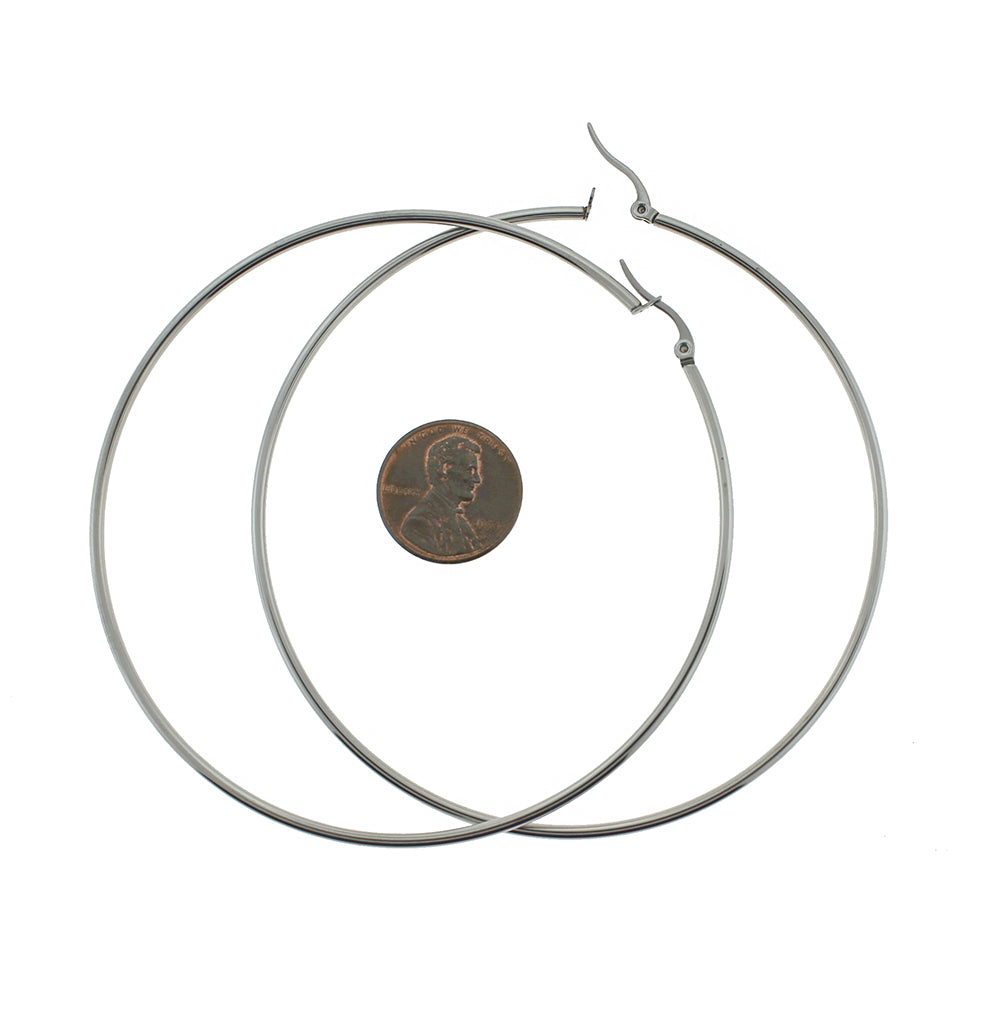 2 Hoop Earrings - Lever Back Round Earring Wires Silver Tone Stainless Steel - 1 Pair - Z447