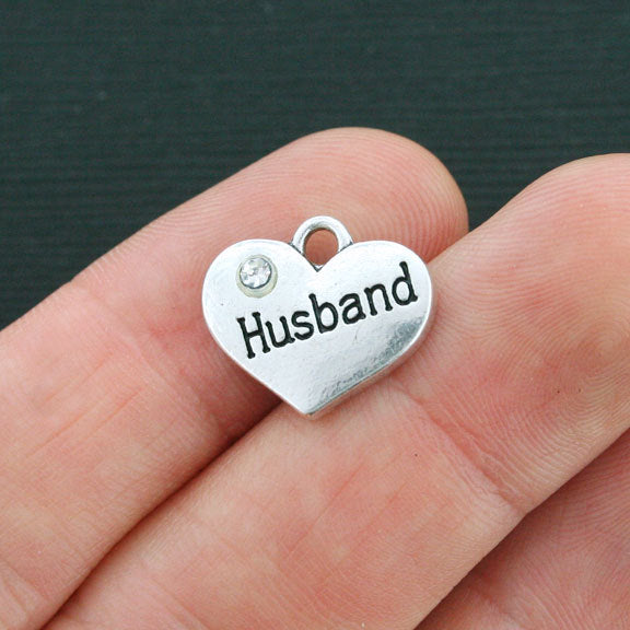 2 Husband Antique Silver Tone Charms 2 Sided With Rhinestones - SC4202