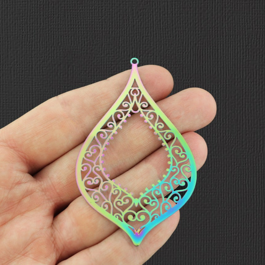 2 breloques en acier inoxydable électroplaqué arc-en-ciel en dentelle 2 faces - SSP171