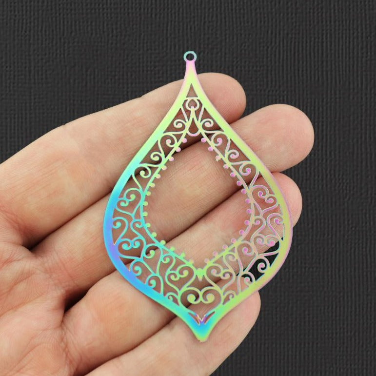 2 breloques en acier inoxydable électroplaqué arc-en-ciel en dentelle 2 faces - SSP171