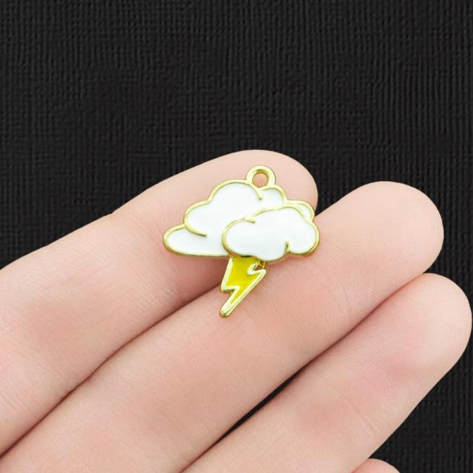 2 Lightning Cloud Gold Tone Enamel Charms - E1179