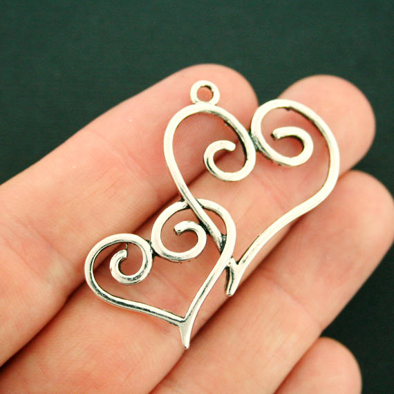 2 Linked Hearts Antique Silver Tone Charms - SC7317