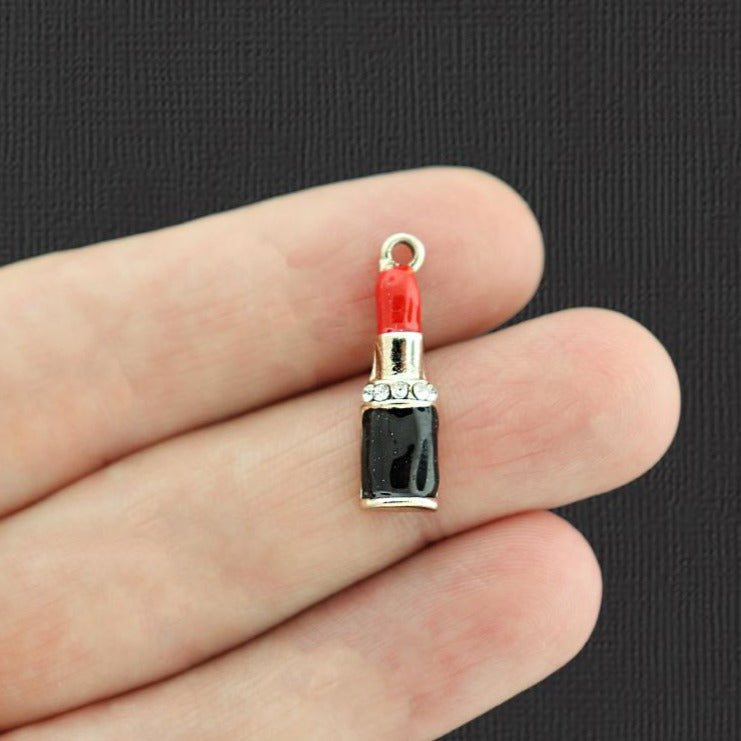 2 Lipstick Gold Tone Enamel Charms With Inset Rhinestones - E150