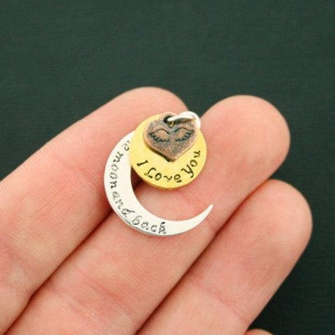 2 Love You to the Moon and Back Antique Silver Gold and Copper Tones Charms 3 Piece Set - SC6292