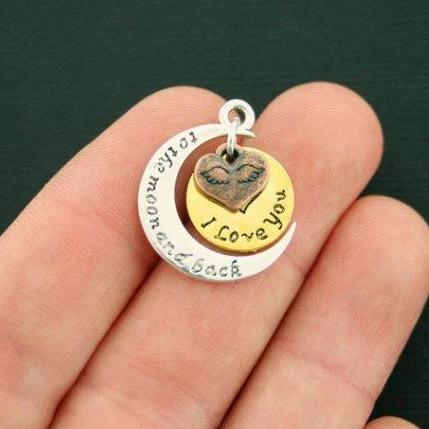 2 Love You to the Moon and Back Ensemble de 3 breloques en argent antique doré et cuivre - SC6292