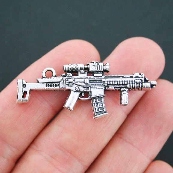 2 Machine Gun Antique Silver Tone Charms 2 Sided - SC5099