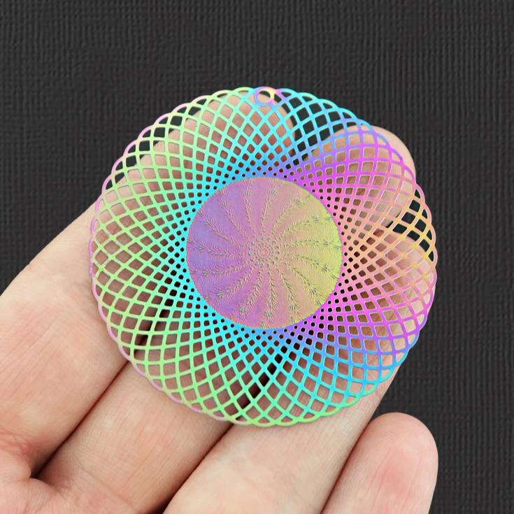 2 breloques en acier inoxydable plaqué arc-en-ciel Mandala - SSP044