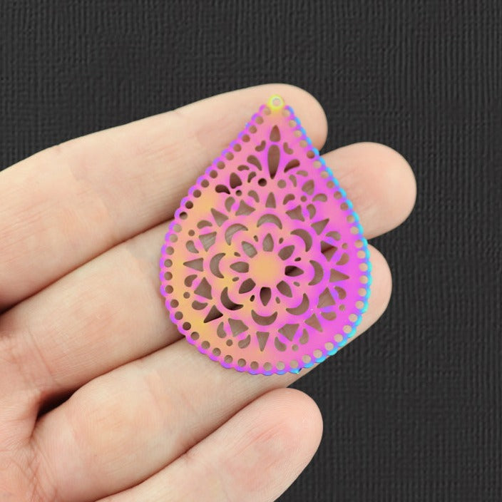 2 Mandala Teardrop Rainbow Electroplated Stainless Steel Charms - SSP202