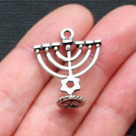 2 Menorah Antique Silver Tone Charms 3D - SC2455