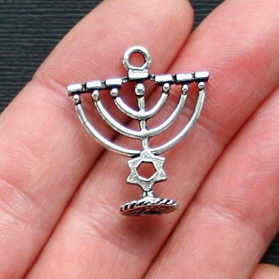 2 Menorah Antique Silver Tone Charms 3D - SC2455
