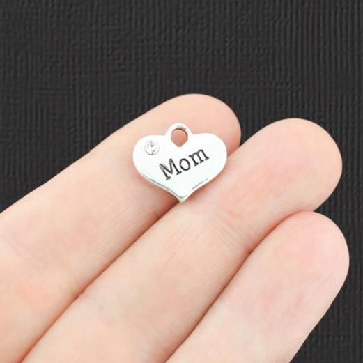 2 breloques de ton argent antique de coeur de maman 2 faces avec strass incrustés - SC8087