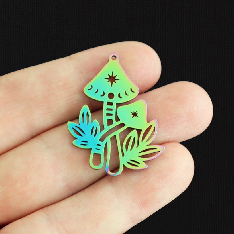 2 Moon Phase Mushroom Rainbow Electroplated Stainless Steel Charms - SSP208