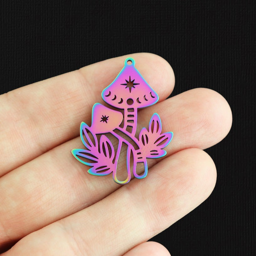 2 Moon Phase Mushroom Rainbow Electroplated Stainless Steel Charms - SSP208
