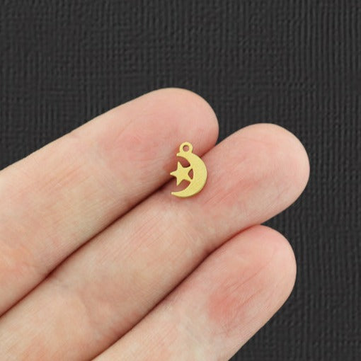 2 Moon and Star Gold Tone Stainless Steel Charms 2 Sided - SSP098