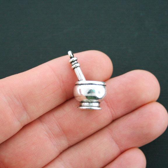 2 Mortar and Pestle Antique Silver Tone Charms 3D - SC1581