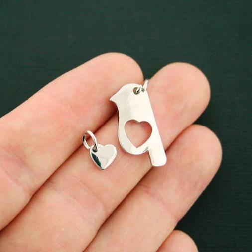 2 Mother Daughter Bird Antique Silver Tone Charms 2 Piece Set - SC7157