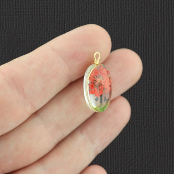 2 Orange Tree of Life Pressed Flower Glass Pendants - Z1442