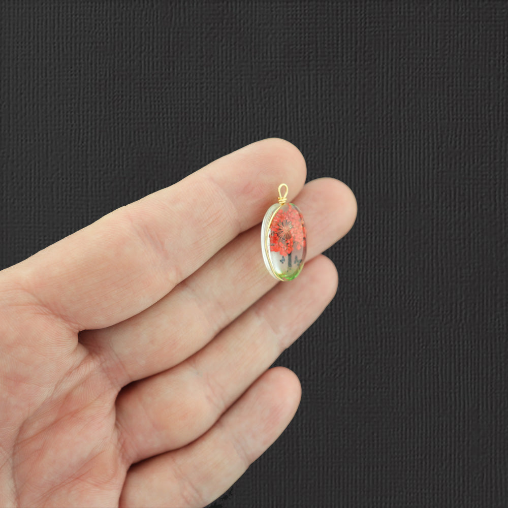 2 Orange Tree of Life Pressed Flower Glass Pendants - Z1442