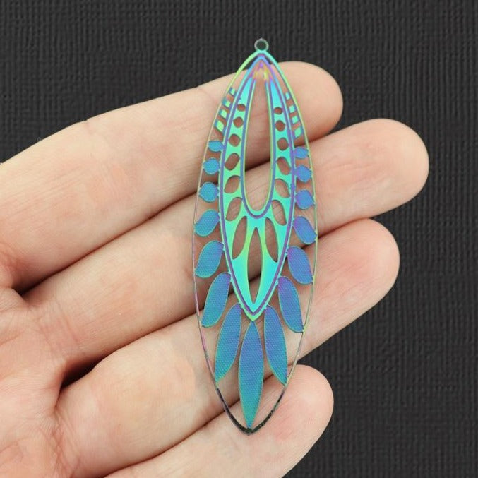 2 Oval Leaves Rainbow Electroplated Stainless Steel Charms 2 Sided - SSP213