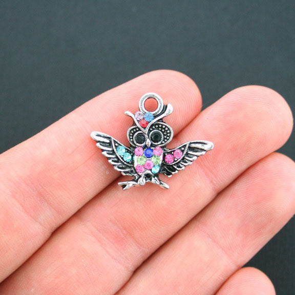 2 Owl Antique Silver Tone Charms With Inset Rhinestones - SC4740