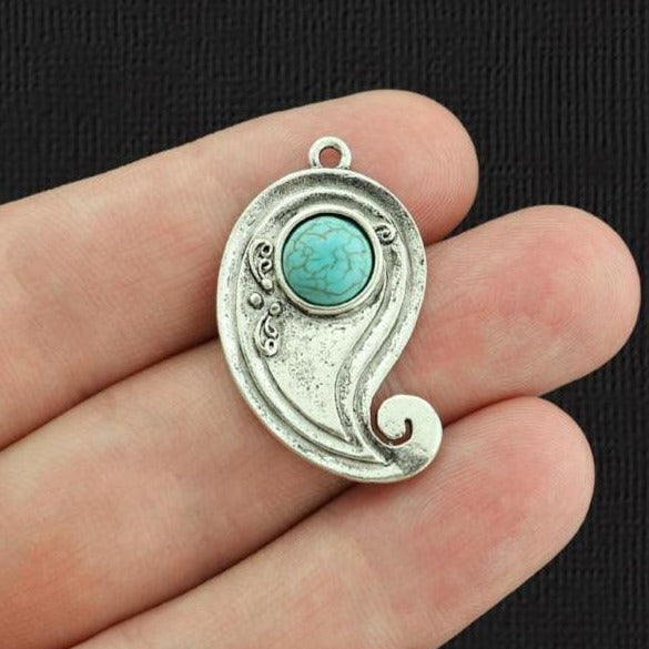 2 Paisley Antique Silver Tone Charms With Inset Imitation Turquoise - SC1293